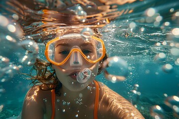 Naklejka premium Underwater Adventure: A Young Snorkeler Captured in Crystal Clear Waters