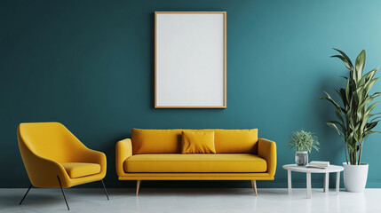 Modern living room with yellow sofa and blank picture frame hanging on teal wall, Modern living room interior with teal walls, a vibrant yellow couch.