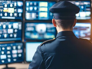 Police officer monitoring security screens for surveillance, ensuring safety and security in a control room.