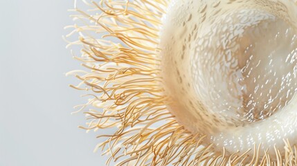 A single rice grain, magnified to reveal its hidden world of microscopic details, reminiscent of a sci-fi alien landscape