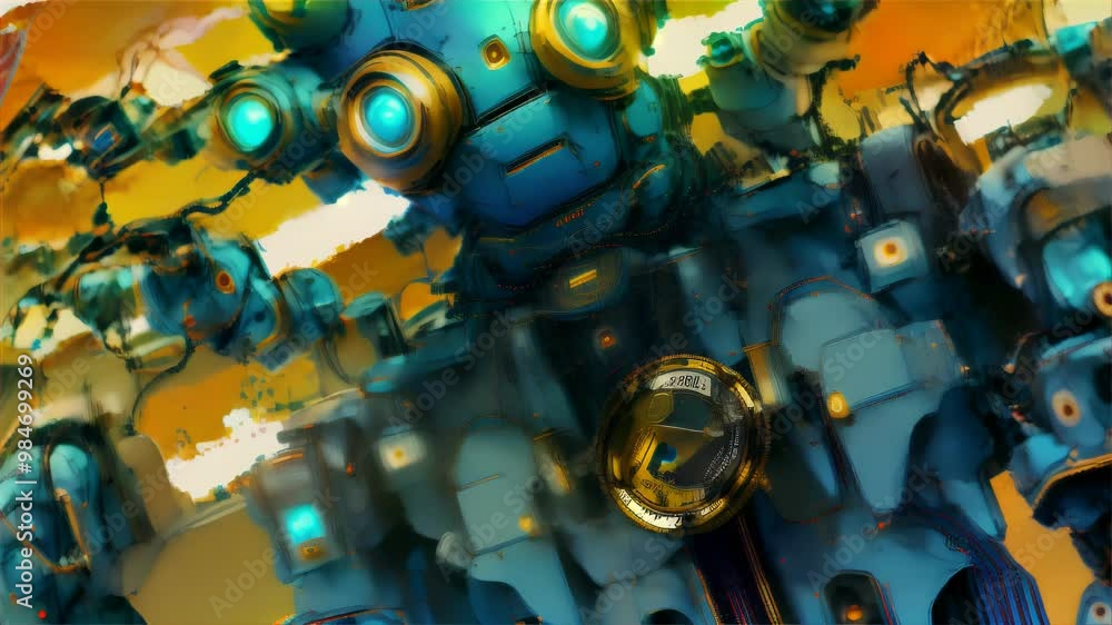 Poster close up of a blue robot with a large round golden l symbol.. ai generation