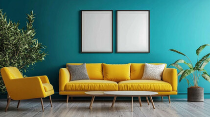 Fototapeta premium living room interior with arm chairs and Sofa mockup on wall, Futuristic Digital Photo Frame in Images with Slideshow and Cloud Sync, 