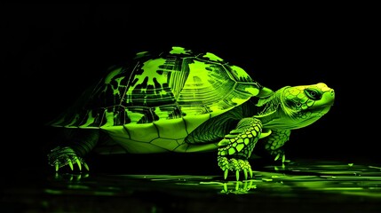 Fototapeta premium Glowing Neon Green Turtle Crawling on Black Background in Surreal Futuristic Scene