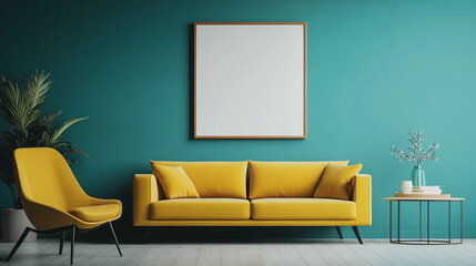 living room interior with arm chairs and Sofa mockup on wall, Futuristic Digital Photo Frame in Images with Slideshow and Cloud Sync, 