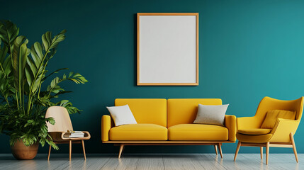 living room interior with arm chairs and Sofa mockup on wall, Futuristic Digital Photo Frame in Images with Slideshow and Cloud Sync, 