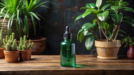 Green glass dropper bottle standing near potted plants on wooden table