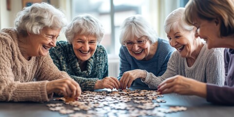 Four older women are happily putting together a jigsaw puzzle.