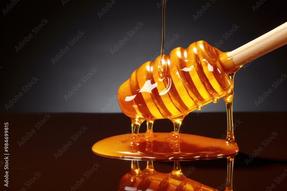 Poster a stream of honey gracefully cascading down a stack of honeycomb slices, creating a mesmerizing visu