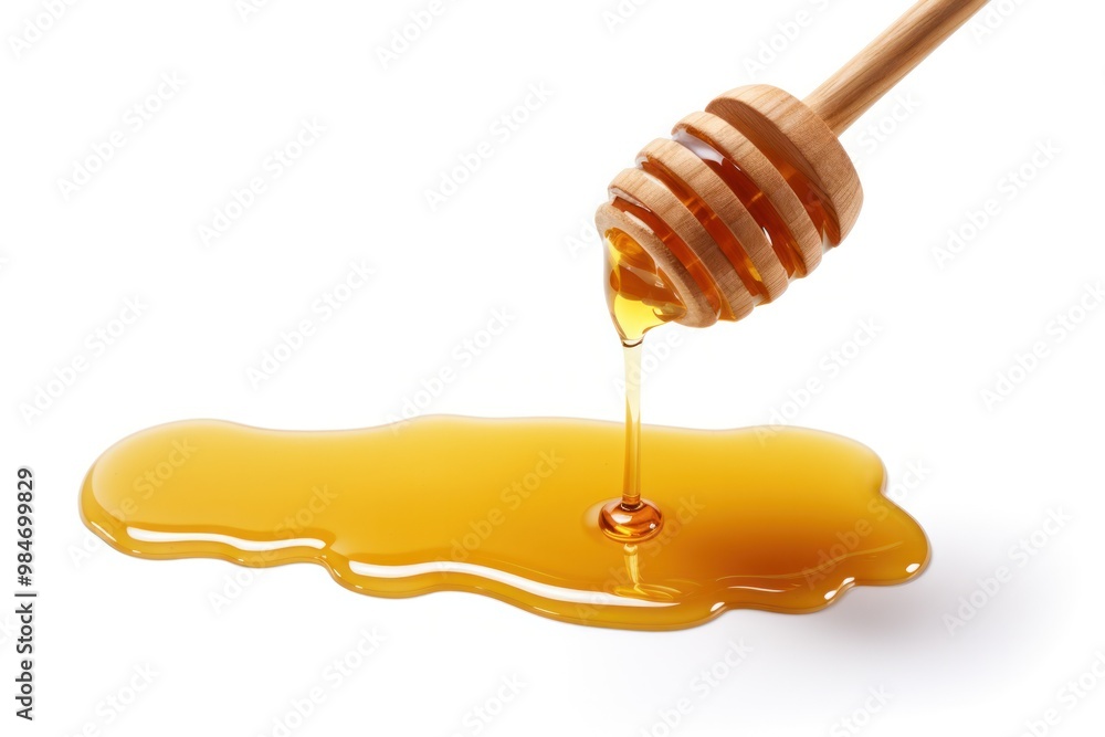 Poster a stream of honey gracefully cascading down a stack of honeycomb slices, creating a mesmerizing visu