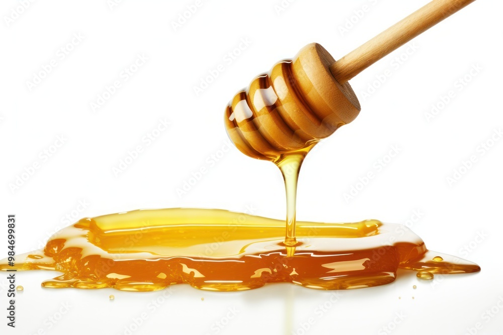 Poster a stream of honey gracefully cascading down a stack of honeycomb slices, creating a mesmerizing visu