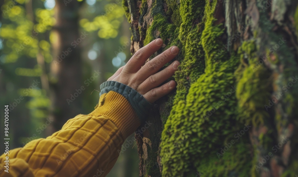 Poster hand touching a moss covered tree trunk in a forest with soft sunlight filtering through the leaves 