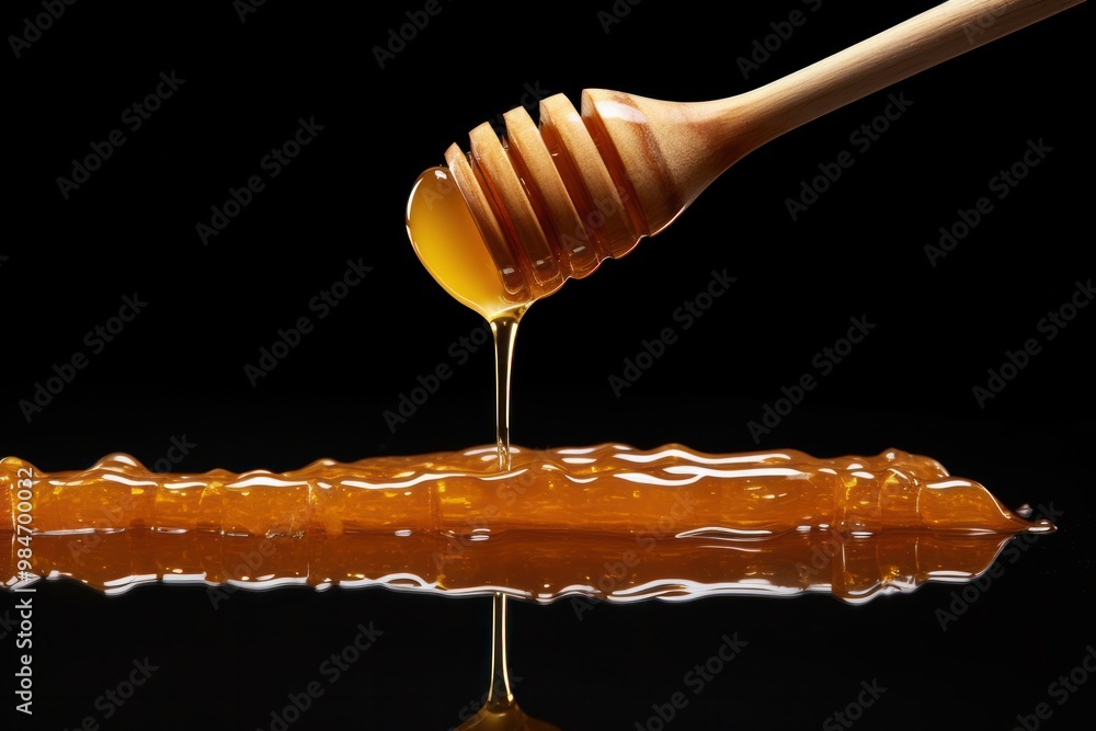 Poster a stream of honey gracefully cascading down a stack of honeycomb slices, creating a mesmerizing visu