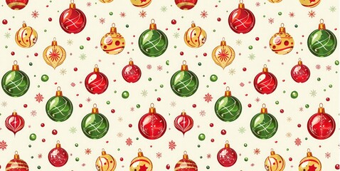 Seamless Christmas pattern with bright red, green and gold Christmas ornaments with delicate snowflakes on a light background. For festive wrapping paper, holiday cards and seasonal decorations