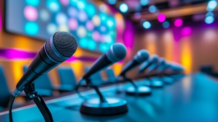 Close-up of microphones on a table in a conference room with blurred background lights.