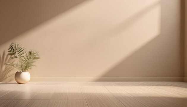 abstract gentle light beige background for product presentation with light and intricate shadow from the window and vegetation on the wall