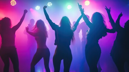 A group of people dancing in a brightly lit room with colorful lights.