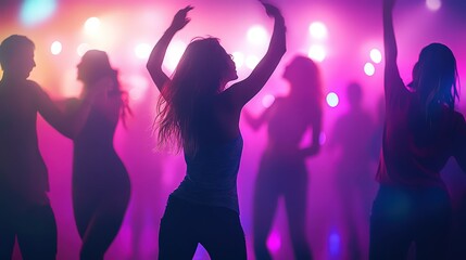 A group of people dancing in a brightly lit room with colorful lights.