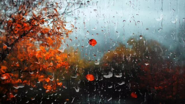 Raindrops on a window with a view of orange autumn leaves on a rainy day. Seamless looping 4k time-lapse video background
