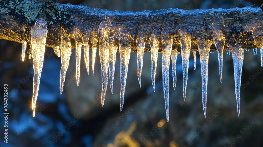 Poster a close-up of icicles hanging from a tree branch. the icicles are illuminated by the sun, creating a
