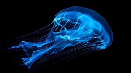 Translucent Blue Jellyfish Wing Floating Gently Against Dark Ocean Background
