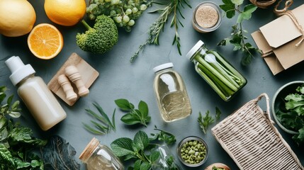 Green zero waste shopping with eco-friendly products.