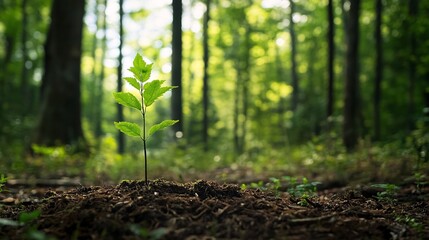 A Single Sapling Growing in a Sun-Dappled Forest