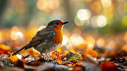 A solitary bird forages for food among vibrant autumn leaves in a tranquil forest during golden hour