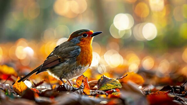 A solitary bird forages for food among vibrant autumn leaves in a tranquil forest during golden hour