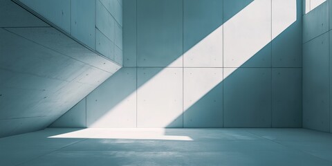 Obraz premium A modern architectural space with concrete walls is illuminated by natural light and sharp, angular shadows are seen.