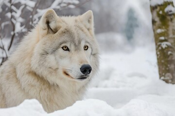 Obraz premium This image depicts a majestic wolf standing still amidst a snowy landscape, exuding a sense of wild beauty and elegance.