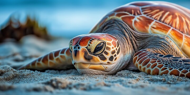 A detailed close-up of a sea turtle lying peacefully on a sandy beach, capturing its intricate shell details.