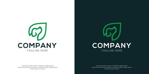 Pet care logo design template. Leaf logo with dog with line style graphic design vector illustration. Symbol, icon, creative.