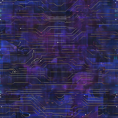 A vibrant and intricate pattern featuring subtle circuit lines on deep purple background, evoking sense of retro technology and digital innovation. This design is perfect for tech themed projects