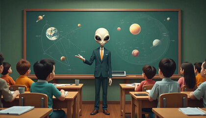 An alien teacher explains the solar system to attentive students in a classroom setting. The scene blends science fiction with education in a whimsical way.