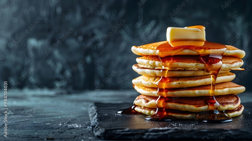 Poster towering stack of fluffy pancakes drenched in maple syrup and butter