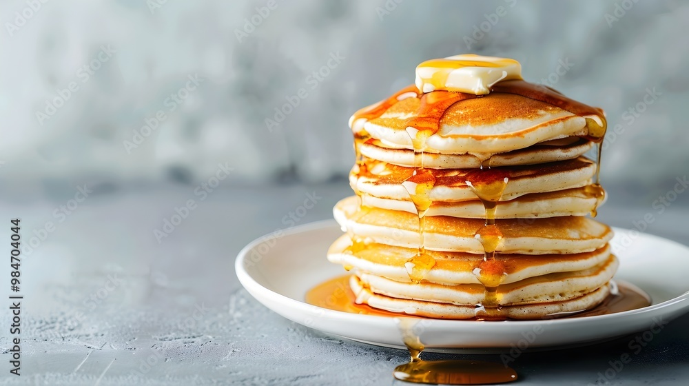 Poster fluffy pancake tower drizzled in maple syrup and topped with butter tempting breakfast delight