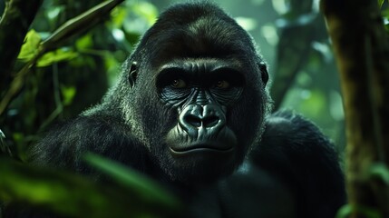 Obraz premium The western gorilla, a large and endangered ape, lives in the tropical forests of Gabon, Africa.