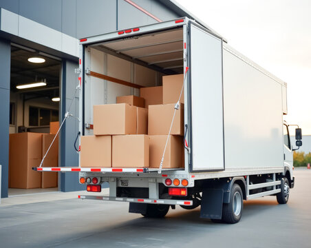 cargo delivery truck with boxes open back door near the warehouse
