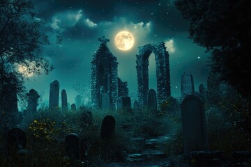 Obraz premium A Moonlit Graveyard with Ruined Stone Structure