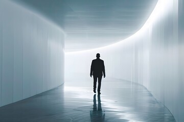 Fototapeta premium A Solitary Figure Walking Through a Futuristic, Minimalist Corridor