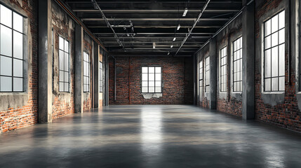 A vast empty old warehouse interior in industrial loft style, with weathered brick walls, a sturdy concrete floor. Abandoned Warehouse. Illustration
