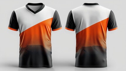 A shirt with a black and orange stripe is shown in two different angles