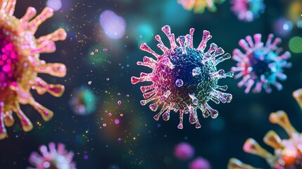 Fototapeta premium Detailed illustration of a virus budding from a host cell, showing envelope formation. Bright colors on a dark background.