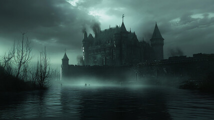 A haunted castle with its moat filled with dark, stagnant water, where strange shapes move beneath the surface.