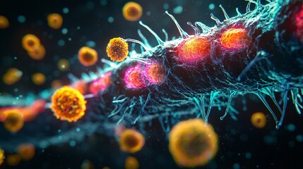 Fototapeta premium Artistic rendering of a bacterial cell wall, highlighting layers. Dark background enhances vibrant colors.