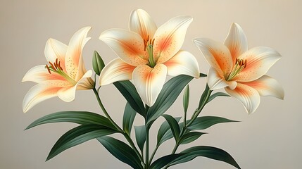 Fototapeta premium Three white lilies with orange spots and green leaves on a beige background.