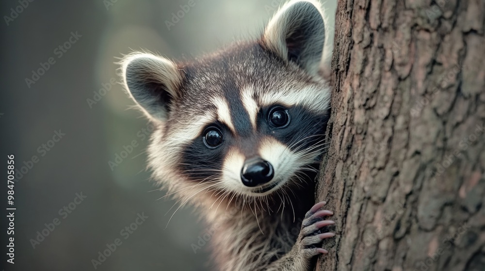 Poster A raccoon peeking out from behind a tree trunk, AI