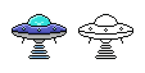 UFO in Pixel Art. Flying saucer in retro style. Vector illustration