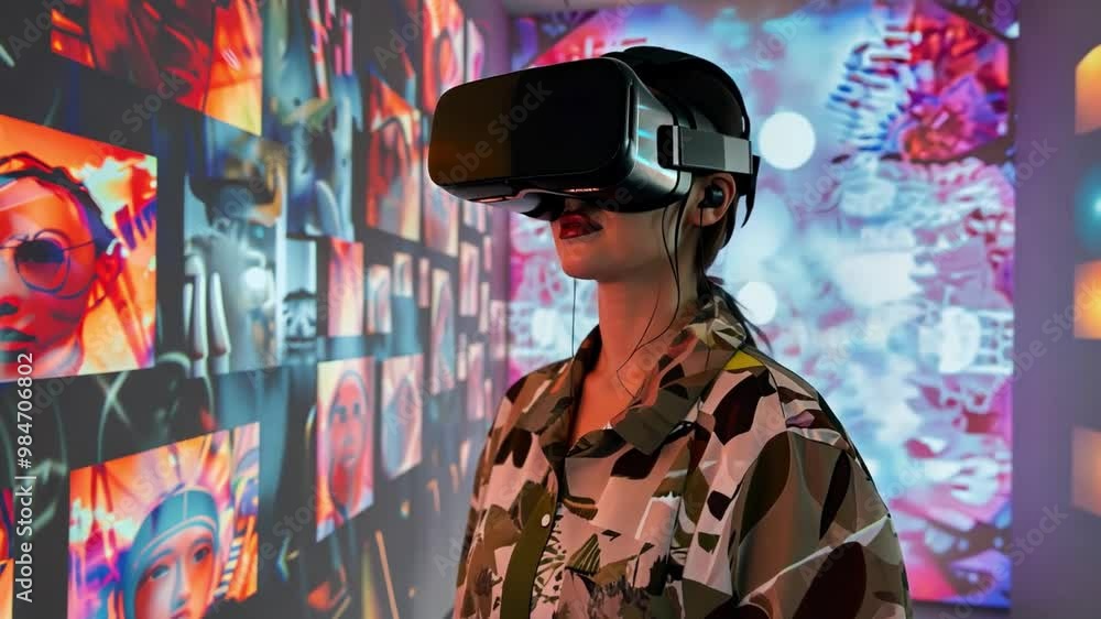 Poster wearing a virtual reality headset, an individual immerses themselves in a vibrant art installation f