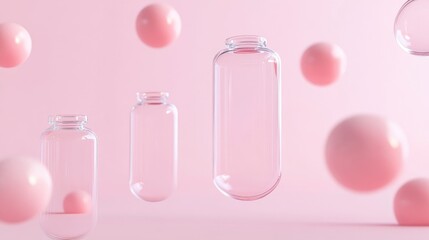Floating glass jars and pink spheres on a pink background.